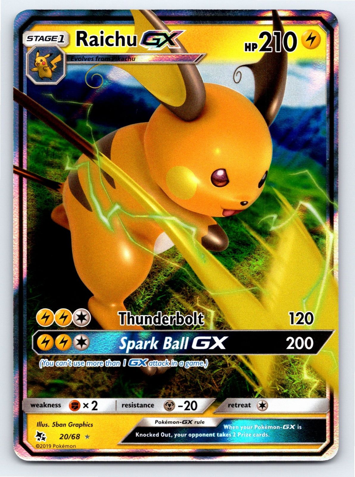 Raichu GX 20/68 Pokemon Hidden Fates Holo LP+